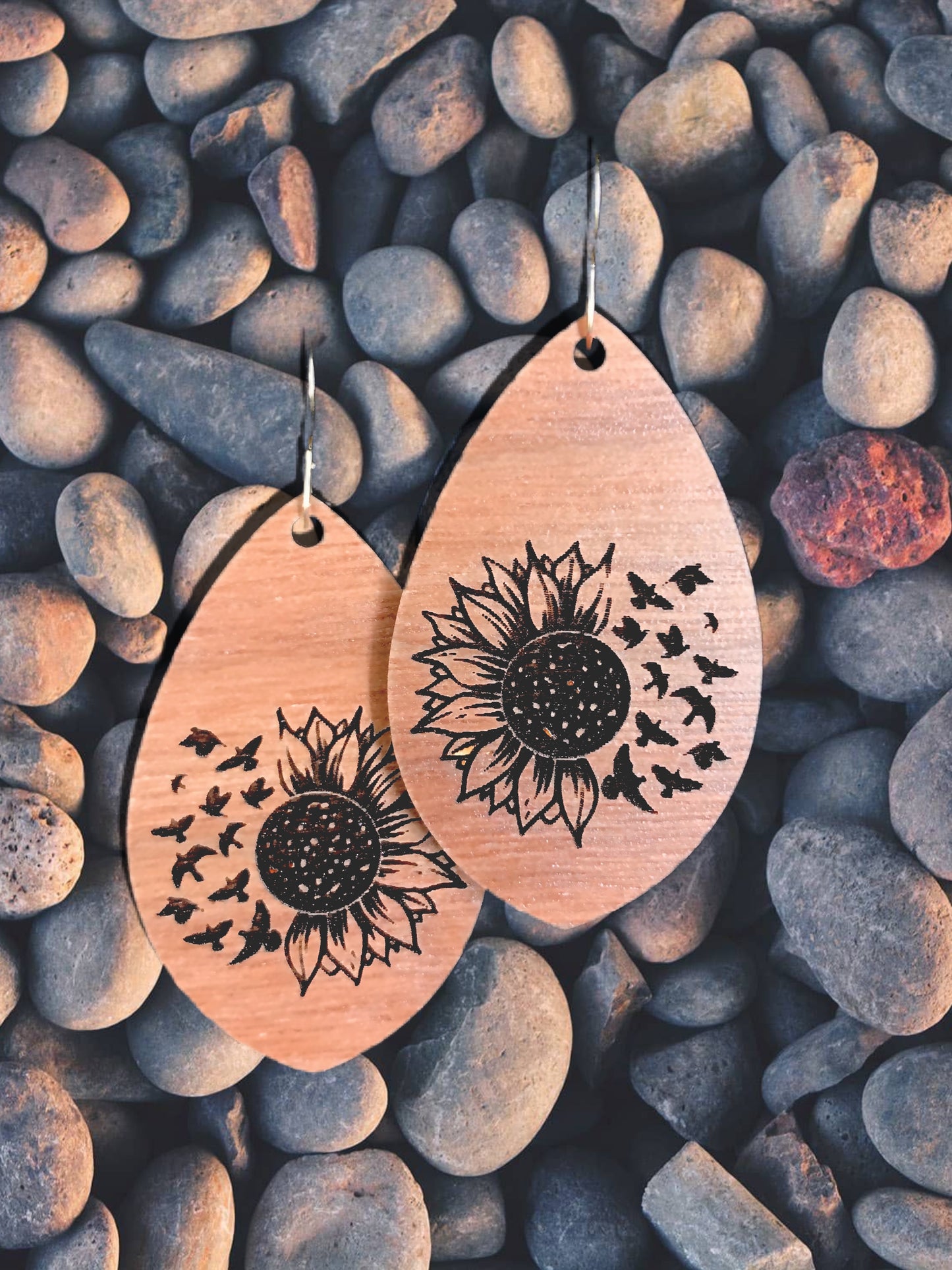 Wooden Sunflower and Birds Earrings